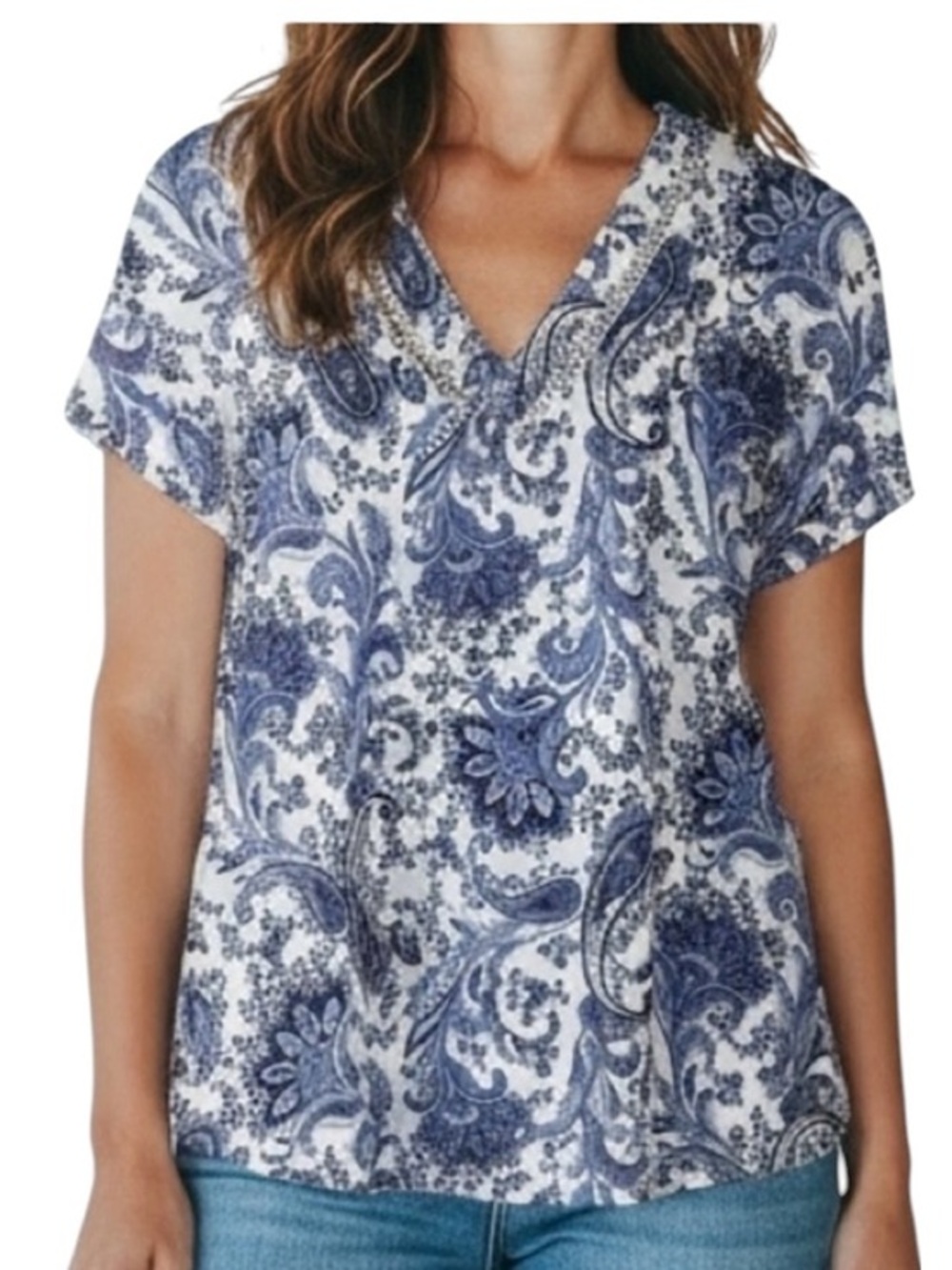 Elegant Blue and White Paisley Blouse